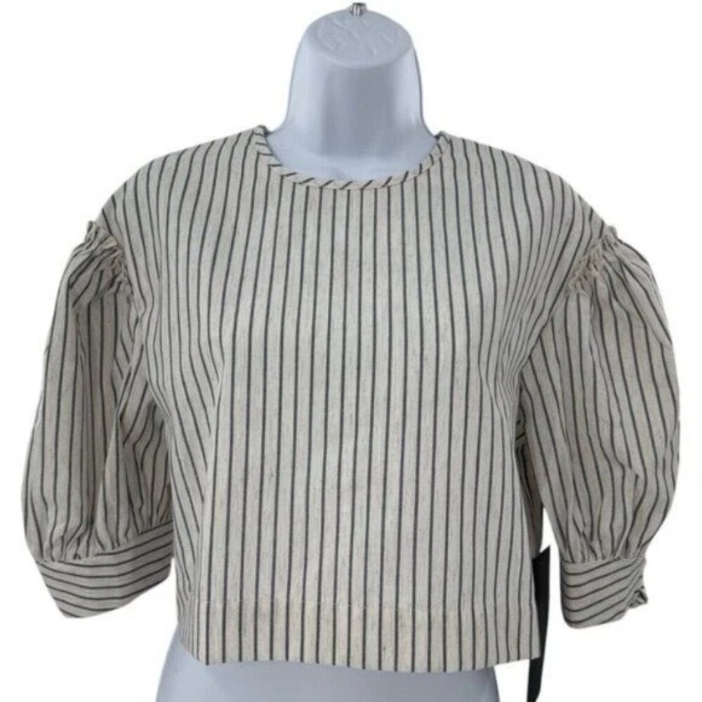Tuckernuck NEW 100% Linen Stripe Edie Puff Sleeve Chic Cropped Blouse Top Sz XS